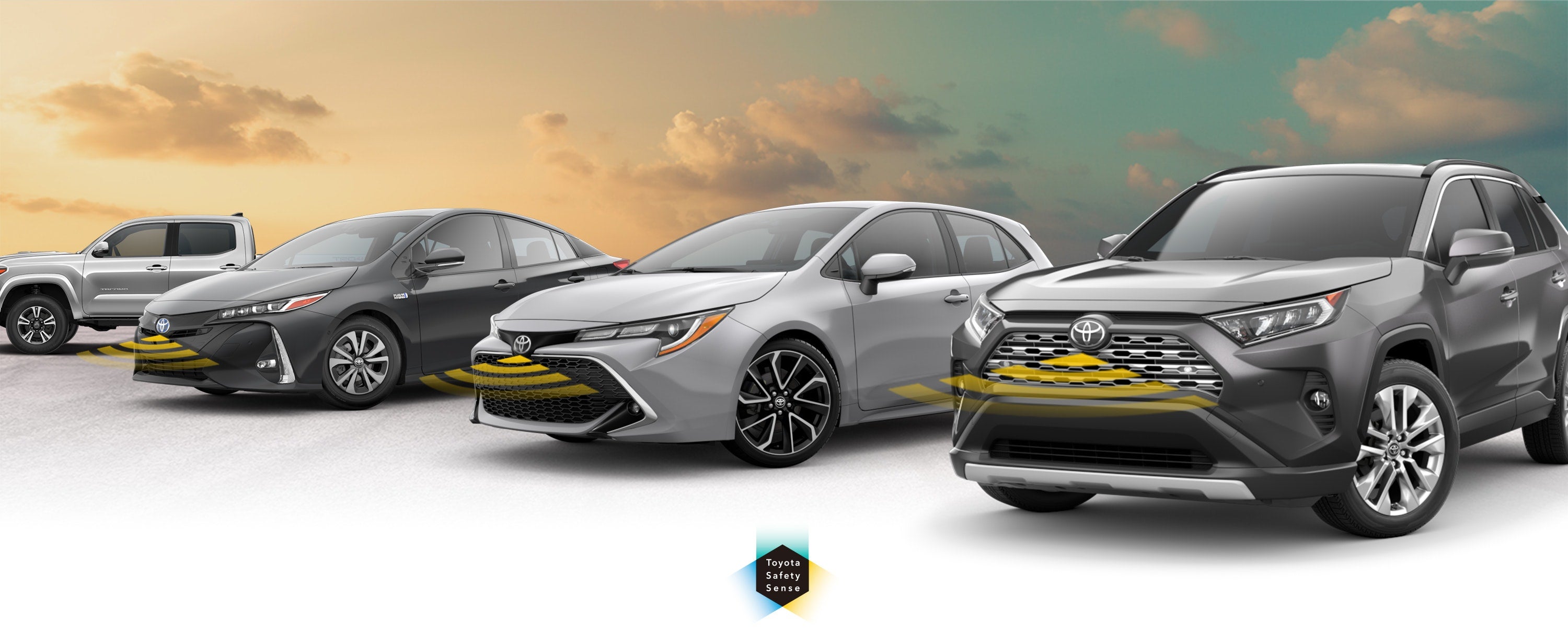 Toyota Safety Sense: Designed for Safety. Options shown on Toyota models including RAV4, Tacoma, and Camry, available now at Toyota of Katy in Katy TX.